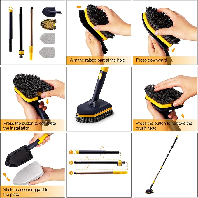 Yocada Tub Tile Scrubber Brush 2 in 1 Cleaning Brush 4*Scouring Pads 58.2" (Pack of 2)