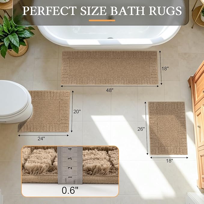 Pauwer Bathroom Rugs Sets 3 Piece, Microfiber Bath Mat Set, Khaki | Non Slip Washable, Soft Plush, Extra Absorbent Bath Mats, U Shaped Contour Toilet Rug for Bathroom
