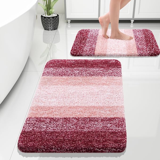 OLANLY Micorfiber Bathroom Rug Set 2 Piece, 30"x20"+24"x16" | Red, Soft Absorbent Bath Rug Set, Non-Slip, Machine Wash Dry, Plush Shaggy Bath Mats for Bathroom