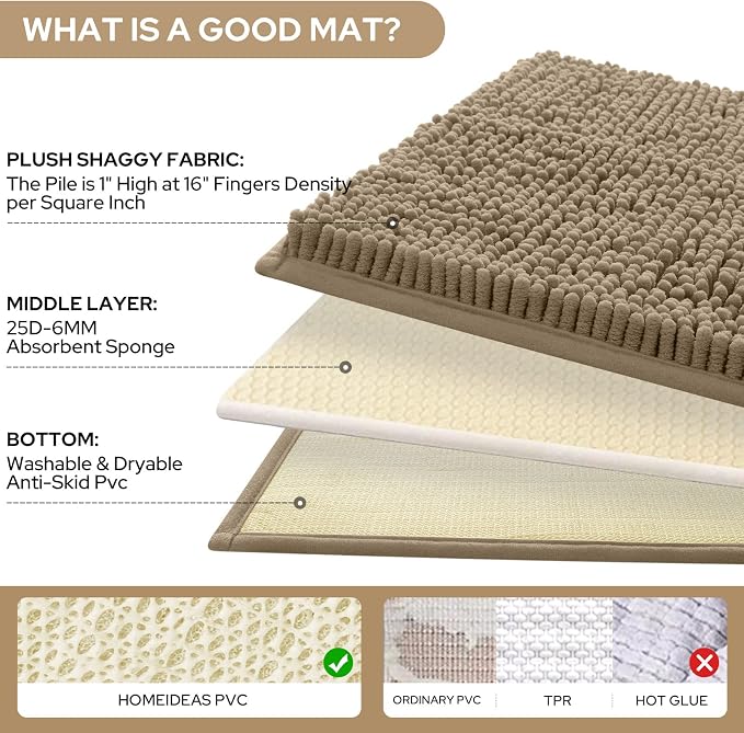 HOMEIDEAS Taupe Chenille Bathroom Rugs Set of 3, Non Slip Bath Mat | Super Absorbent, Soft Microfiber, Machine Washable, Stain Resistant, for Bathroom Decor