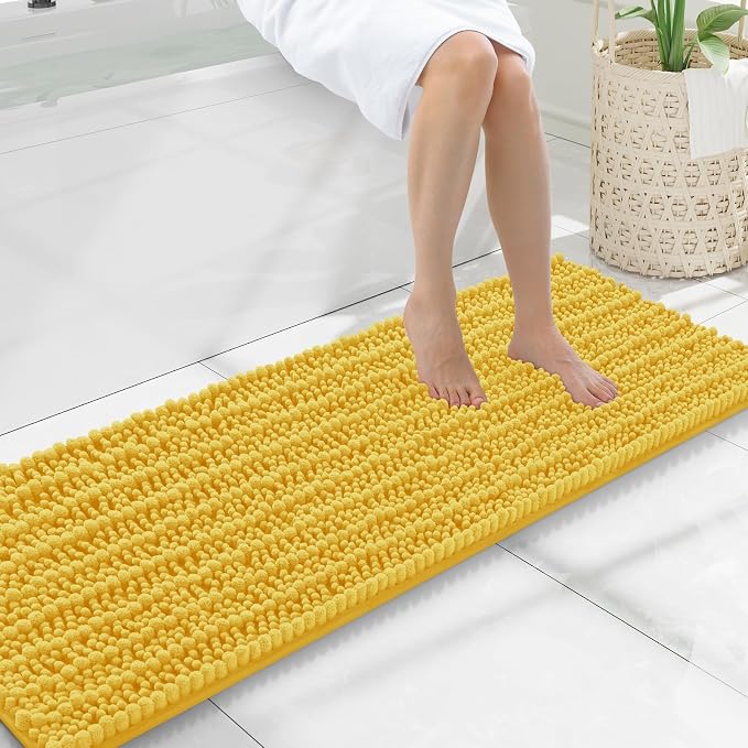 Smiry Bathroom Rugs 47X17, Extra Soft Rubber Backing Chenille Bath Mats | Yellow Machine Washable Non Slip Quick Dry Bath Mats for Bathroom Floor, Tub, Shower, Home Decor Accessories