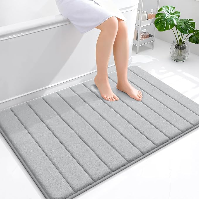 OLANLY Memory Foam Large Bath Mat 44x32, Super Soft Absorbent Bathroom Rugs | Light Gray, Quick Dry Bath Rug, Machine Washable Shower Floor Mats, Bathmat Carpet for Bathroom Floor, Tub and Shower