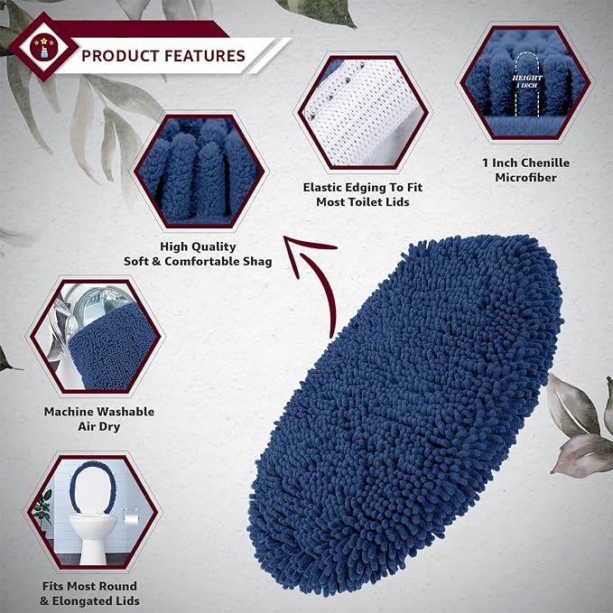 LuxUrux Toilet Lid Cover with Stretch Fit Elastic Band – Chenille Microfiber Toilet Seat Non-Slip Cover for Bathroom – Soft Plush, Machine Wash And Dry, Comfort & Clean Look (18 x 21'', Blue)