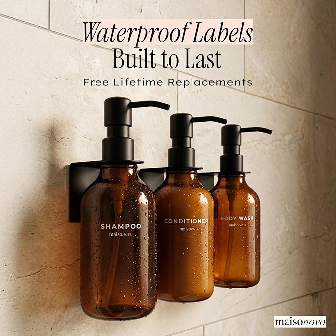 Shampoo and Conditioner Dispenser Wall Mounted Set of 3 Amber Black - No Drill Shower Soap Dispenser for Bathroom Refillable - Spa Hotel Style Accessories by MaisoNovo | No Drill Wall Mount - Shower Soap Dispenser · Holds Body Wash or Hand Soap · Wall ...