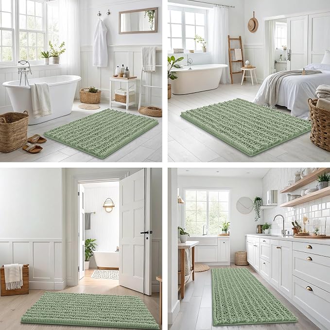 Smiry Bathroom Rugs 24X16, Extra Soft Rubber Backing Chenille Bath Mats | Sage Green Machine Washable Non Slip Quick Dry Bath Mats for Bathroom Floor, Tub, Shower, Home Decor Accessories