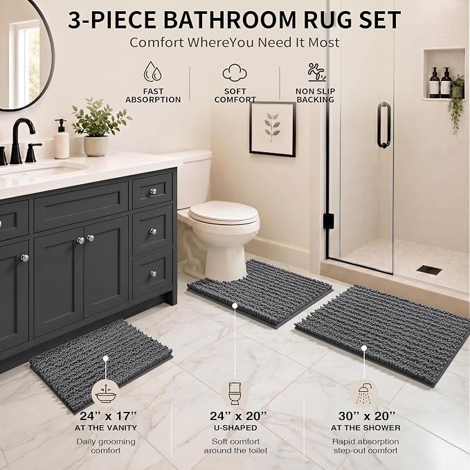 Yimobra Bathroom Rug Set 3 Piece, Super Absorbent Bath Mat Set, Dark Gray | Quick Dry Soft Chenille Bath Rugs & Toilet Rug, Non Slip Machine Washable, Extra Thick Shaggy Floor Mat for Shower Tub Sink