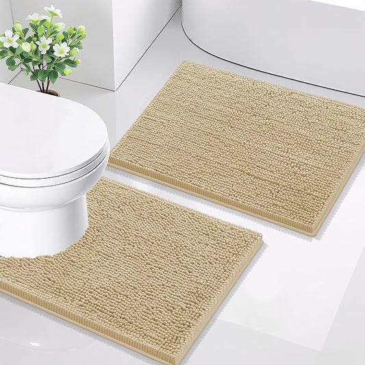 Smiry Chenille Bathroom Rugs Sets 2 Piece (24x16+ U Shape 24x20, Beige) | Soft Absorbent Machine Washable Non Slip Shaggy Bath Rug Set for Tub, Shower, and Floor, Home Decor