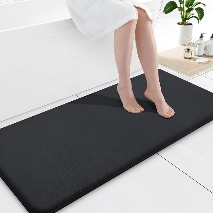 Smiry Memory Foam Bath Mat 59x20, Extra Soft and Absorbent Bathroom Rugs | Black, Quick Dry Machine Washable Non-Slip Bath Mat for Bathroom Floor, Shower and Tub