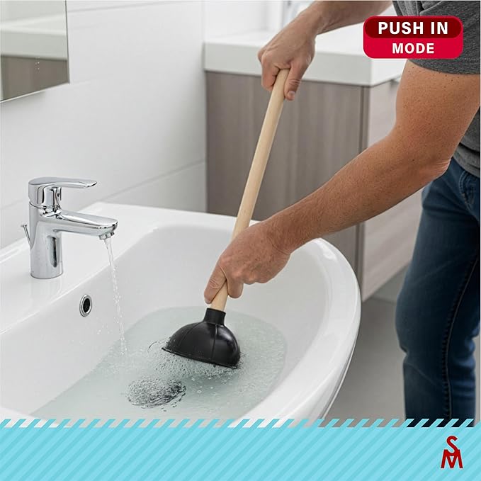 SteadMax Heavy Duty Toilet Plunger, Double Thrust Rubber Cup, Wood Handle