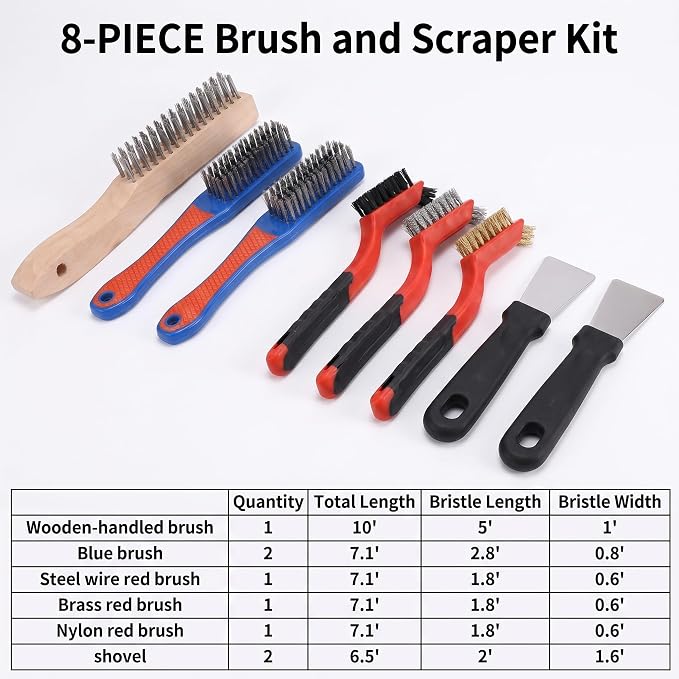 8Pcs Wire Brush Set for Cleaning Rust - Heavy Duty Scratch Brushes with Stainless Steel, Brass, Nylon Bristles and 2 Metal Scrapers, Professional Cleaning Tools for Metal, Slag, Paint and Grill