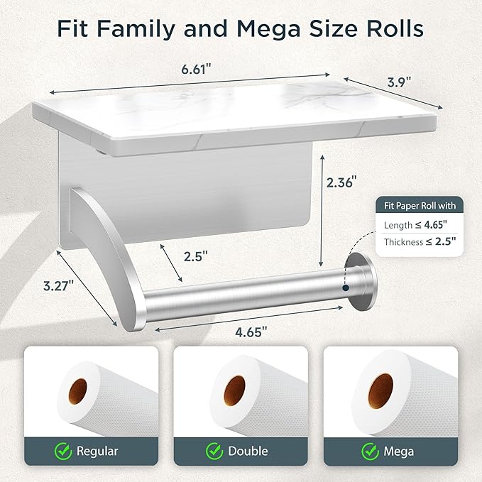 FORIOUS Toilet Paper Holder with Phone Shelf, Natural Marble Wall Mount Tissue Roll Holder for Bathroom, Washroom, 304 Stainless Steel Commercial Toilet Tissue Dispensers with Shelf, Brushed Nickel