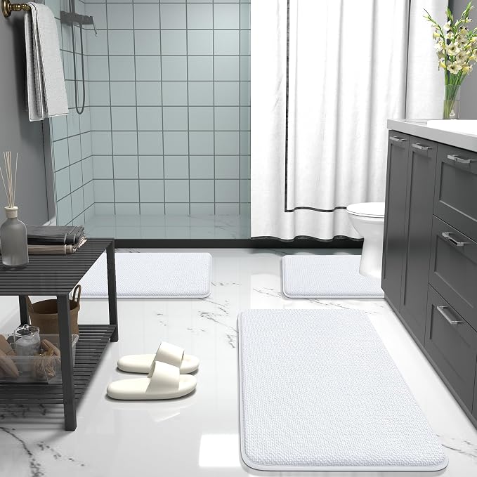 OLANLY Memory Foam Bathroom Runner Rugs 47x17, Absorbent Long Mat, White | Soft Quick Dry Bath Rugs, Non-Slip Carpet, Machine Washable Mat for Bathroom Floor, Tub and Shower, Home Decor Accessories