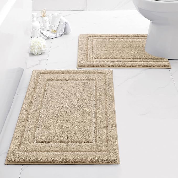 HOMEIDEAS Bathroom Rugs Sets 2 Piece, Super Soft and Absorbent Non Slip Microfiber U-Shaped Toilet Bath Mat Set (20"x32"+U20 x24, Beige) | Super Soft and Absorbent Non Slip Microfiber Bath Rug，Machine Washable, for Bathroom, 20"x32"+U Shape 20"x24"