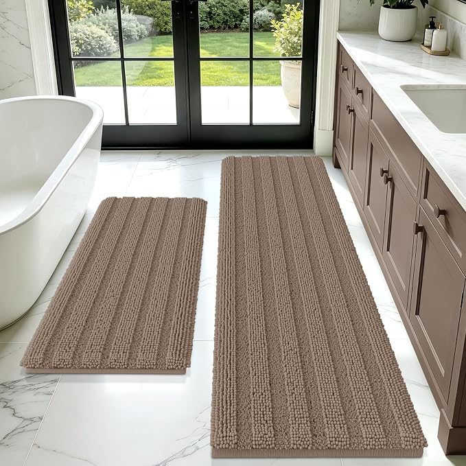 ACCUMTEK Striped Dark Beige Bathroom Rug Mat Set 2 piece 32"x20"+60"x20" Ultra Soft, Non Slip Chenille Bath Rugs, Absorbent Plush Shaggy Bath Mats for Bathroom, Bedroom, Kitchen, Shower, Tub,Taupe