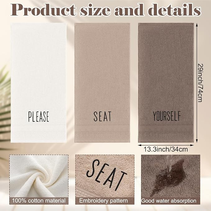 3 Pcs Hand Towels Bathroom Set,Brown,Please Seat Yourself | Embroidered Cotton Farmhouse Towels, Kitchen Decor, Rustic Boho Decorative with Text Labels, Guest Bath Home