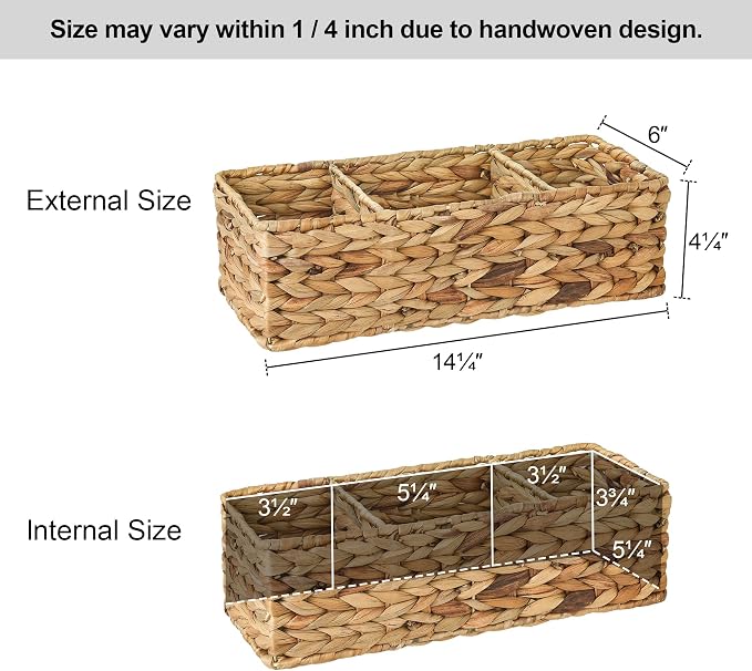 StorageWorks Wicker Basket Tank Topper, Wicker Storage Basket for Shelves, Toilet Paper Basket for Back of Toilet Tank Top, 3-Section Water Hyacinth Storage Baskets, 2-Pack