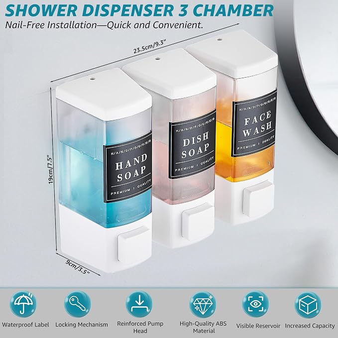 Shampoo and Conditioner Dispenser for Shower, 3 Chamber, White | Wall Mounted, No Drill, 3×16.9oz, ABS Plastic Material, Refillable With Labels, For Bathroom Hotel