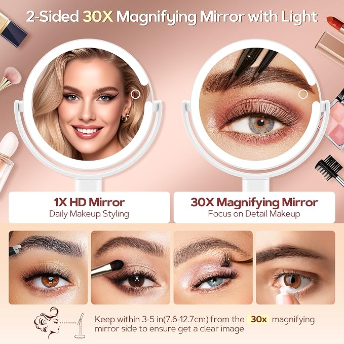 B Beauty Planet Vanity Mirror with Lights, 30X Magnifying Makeup Mirror, 3 Lighting and Adjustable Brightness, Rechargeable 2-Sided Height Adjustable Desk Mirror for Bedroom, Gifts for Women Black