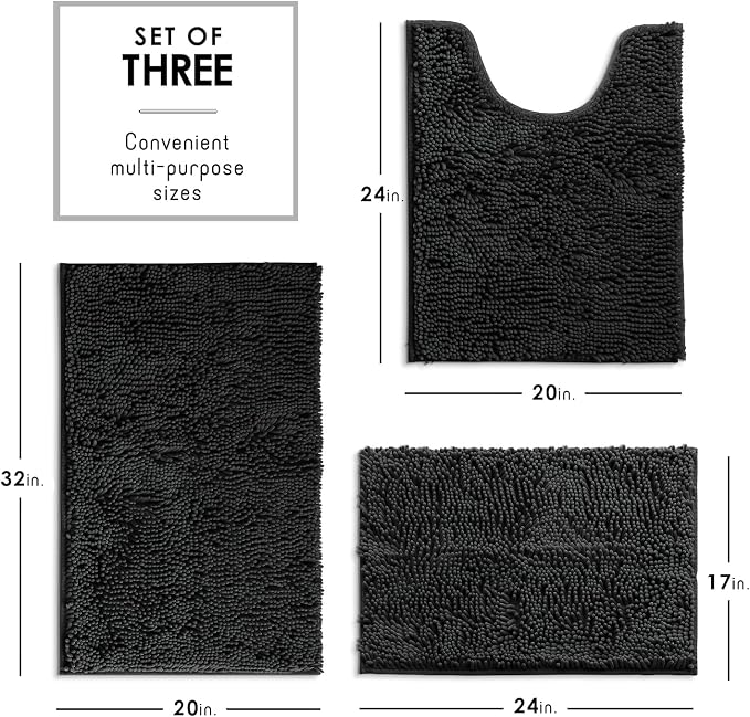 Hearth & Harbor Bathroom Rugs, Chenille Bath Mat - Machine Washable Bath Mats for Bathroom Non-Slip Backing Rubber, Quick Dry Mat - Black Bath Rug, 17x24-20x32-20x24