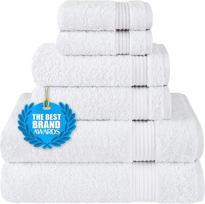 Cotton Paradise 100% Cotton Turkish Towel Set, Soft Absorbent Quick Dry, 6 Piece Towel Set, Snow White