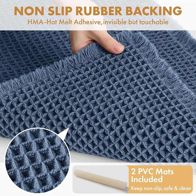 MIULEE Set of 2 Waffle Bathroom Rugs Boho Bath Mat Blue 17"x24"+20"x32" | Non Slip, Super Absorbent, Washable, Ultra Soft, Rubber Backed Bath Rugs for Bathroom Floor Tub Shower