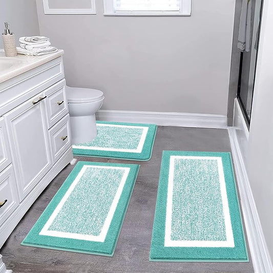 Pauwer 3 Piece Bathroom Rug Set, Non Slip Washable Bath Mat, Teal | Soft Plush Microfiber, Super Absorbent Floor Carpet, U Shaped Toilet Mats, Quick Dry, Shaggy Shower Rugs Runners