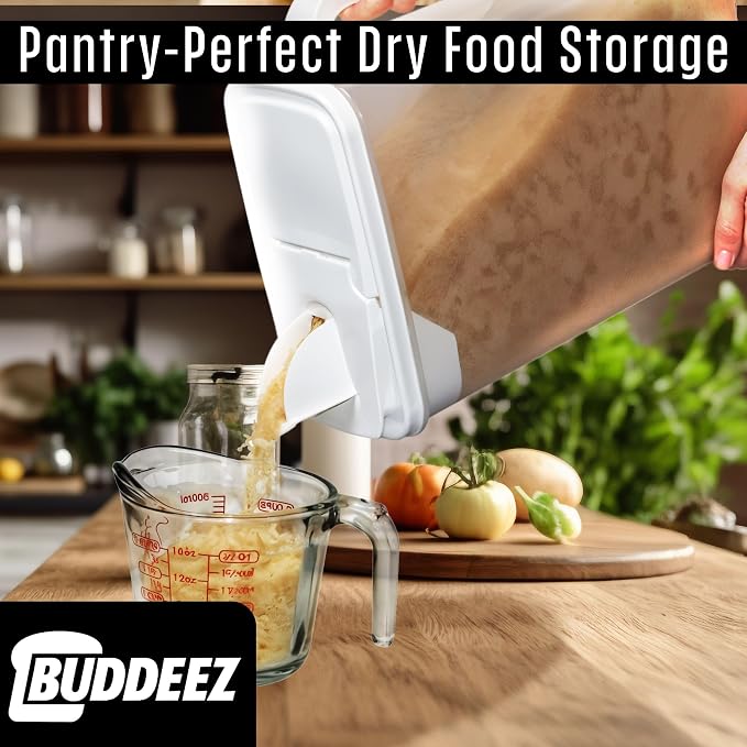 Buddeez Bulk Food Storage Container 8 Quart All Purpose Clear (White Lid) | Clear container for easy visibility, Easy-grip handle, Easy-pour spout, For flour, sugar, cereal, rice and dry goods