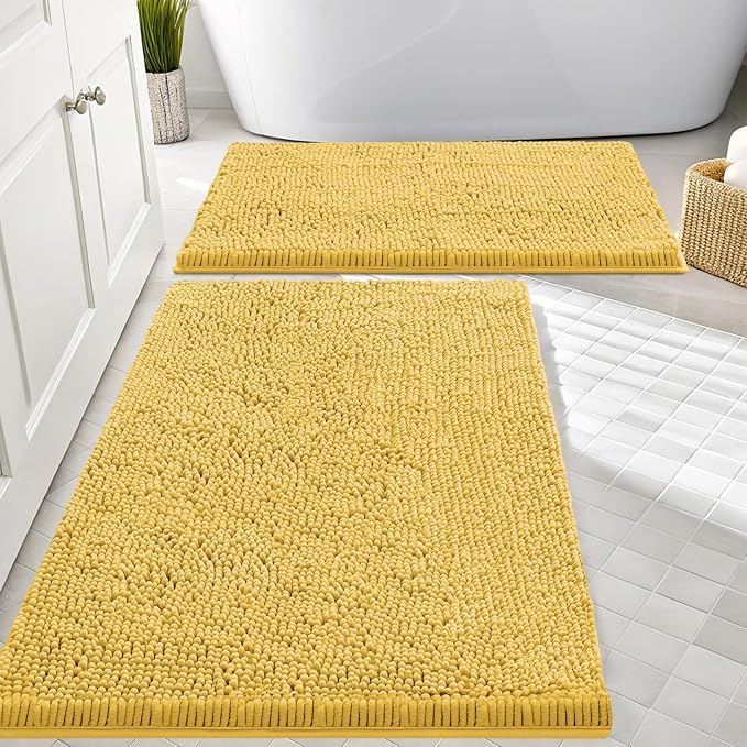 Smiry Chenille Bathroom Rugs Sets 2 Piece (30x20+24x16, Yellow | Soft Absorbent Machine Washable Non Slip Shaggy Bath Rug Set for Tub, Shower, and Floor, Home Decor