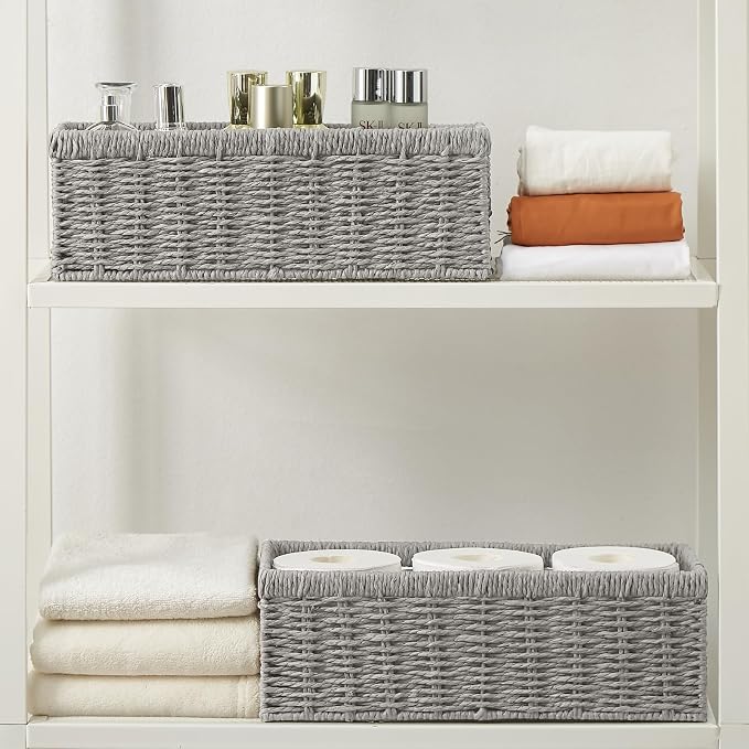 Vagusicc Wicker Storage Basket, Paper Rope Wicker Baskets with Handles, Toilet Paper Basket for Toilet Tank Top, Small Wicke Baskets for Organizing Shelves, 2-Pack, Grey