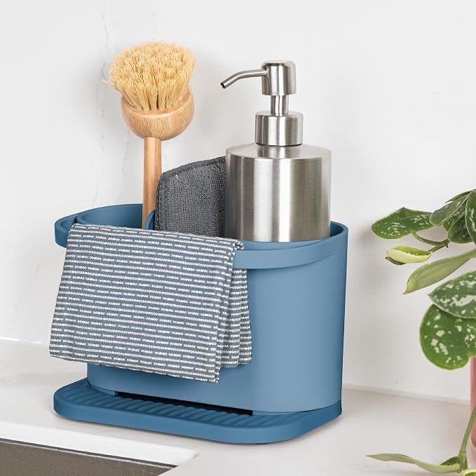 ReBorn Recycled Sink Organizer, Kitchen Sink Organizer, Two Main Compartments, Integrated Dish Cloth Rail, Ribbed and Sloped Base for Draining, Would Made in UK (Avon Blue)