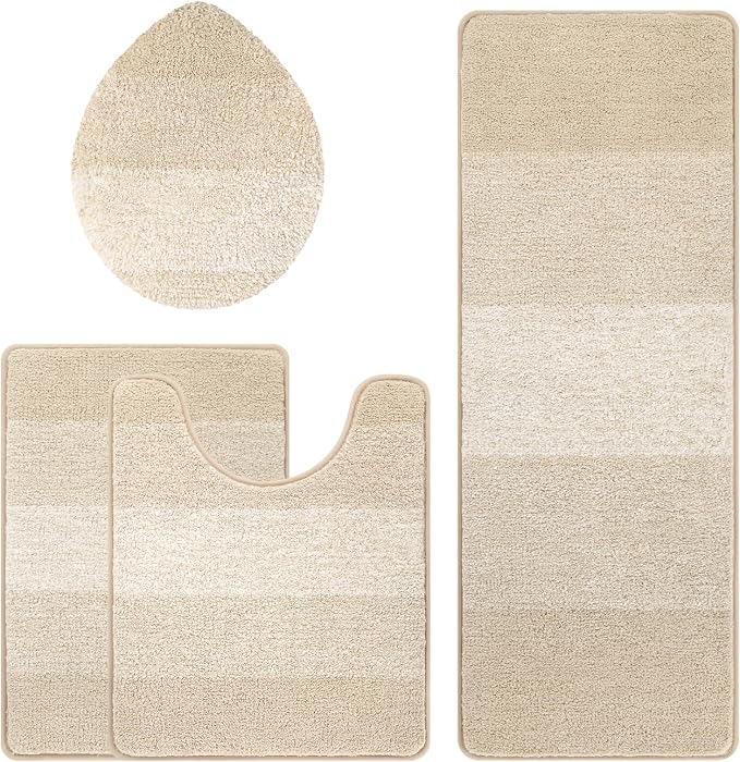 Bsmathom Bathroom Rug Set 4 Piece, Plush Microfiber Bath Mat, Light Beige | Extra Water Absorbent, Non Slip Washable Runner Bath Rugs with Toilet Lid Cover and U-shaped Contour Toilet Mat