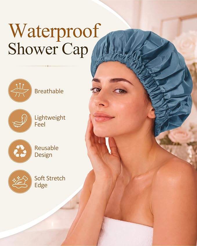 Edoneery Shower Caps for Women Reusable Waterproof, Shower Hair Cap | Washable Bonnet, Wide Elastic Band, Large Fit, Holds Long Hair, Braids Friendly, Bath Accessories, Spa, Travel