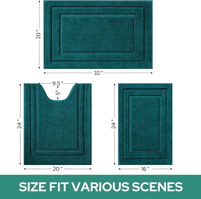 HOMEIDEAS Atlantic Blue Bathroom Rugs Set of 3, Non Slip Bath Runners | Super Absorbent, Plush Microfiber, Machine Washable, Stain Resistant, Easy Care, Perfect for Modern Bathroom Decor