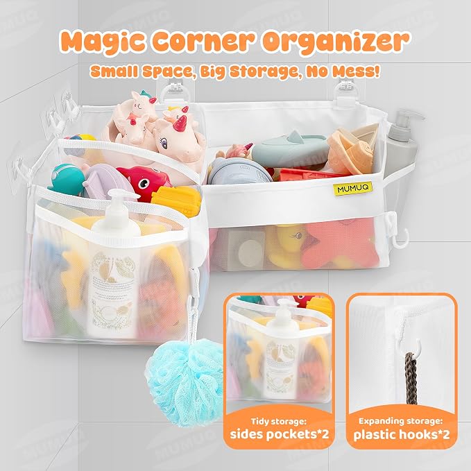 3 Compartments Bath Toy Storage Corner Bath Toy Holder for Bathtub, Kids Tub Toys Organizer with Adhesive Hooks, Quick-Drying Machine-Washable Mesh Bathroom Organizer for Tidy Bathtub