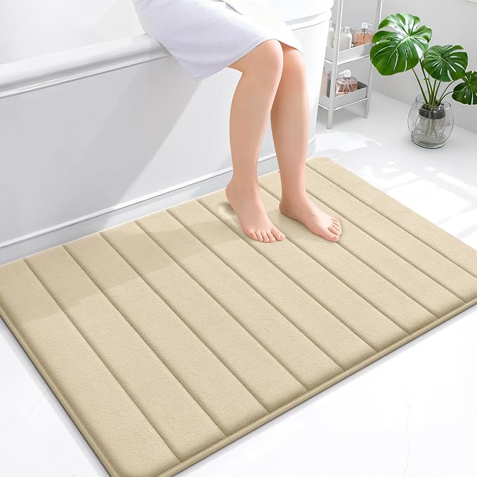OLANLY Memory Foam Large Bath Mat 44x32, Super Soft Absorbent Bathroom Rugs | Beige, Quick Dry Bath Rug, Machine Washable Shower Floor Mats, Bathmat Carpet for Bathroom Floor, Tub and Shower