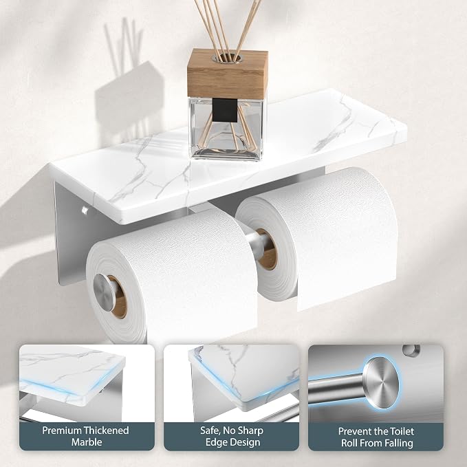 FORIOUS Toilet Paper Holder with Shelf, Marble Wall Mount Tissue Roll Holder for Bathroom, Washroom, 304 Stainless Steel Double Commercial Toilet Tissue Dispensers with Phone Shelf, Brushed Nickel