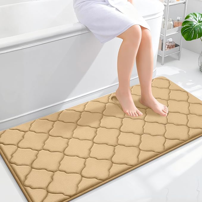 OLANLY Memory Foam Bath Mat Rug 47x24, Ultra Soft Bathroom Rugs, Beige | Thick Absorbent Carpet, Non-Slip Backing, Machine Washable, for Bathroom Floor, Tub, Shower and Home Decor Accessories