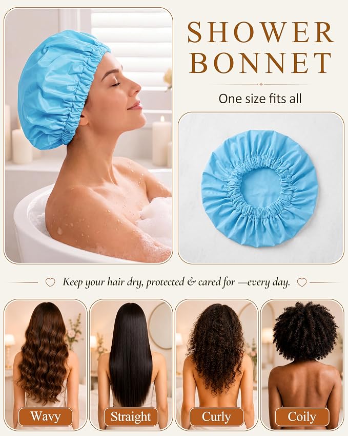 Edoneery Shower Caps for Women Reusable Waterproof, Shower Hair Cap | Washable Bonnet, Wide Elastic Band, Large Fit, Holds Long Hair, Braids Friendly, Bath Accessories, Spa, Travel