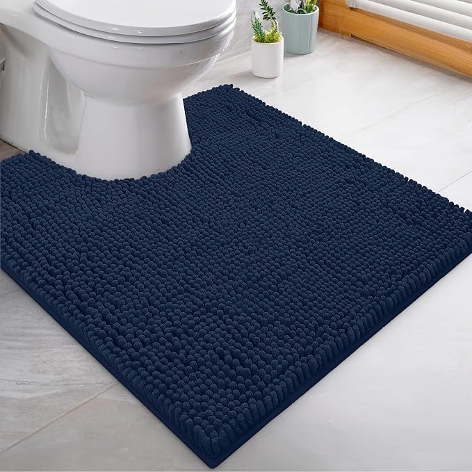 LuxUrux 2-Piece Bathroom Rug Set – Plush Chenille Runner & U-Shaped Toilet Mat, Soft, Absorbent & Non-Slip Design (20x20 U & 27x47 inches, Navy)