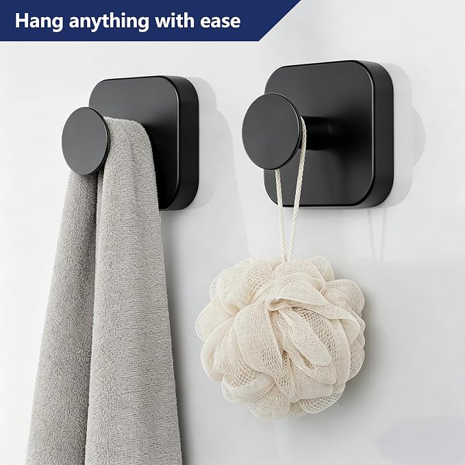 Aikzik Adhesive Hooks for Shower, Heavy Duty Replaceable Sticky Large Wall Towel Hooks for Hanging Towel, Robe, Coat, Stainless Steel Hook for Bathroom and Door, Waterproof & Rustproof - 2 Pack, Black