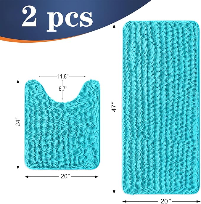 OLANLY Chenille Bathroom Rugs Mats Sets 2 Piece, 47"x20"+24"x20", Aqua Sky | Soft Absorbent Bath Mat and U-Shaped Contour Toilet Rug Set, Quick Dry, Machine Washable Bath Carpet, Home Decor Accessories