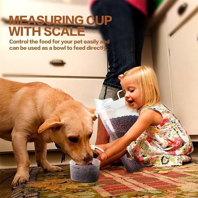 TIOVERY Dog Food Storage Container, 5-7 Lbs Airtight Pet Food Container, Cat food Container Dispenser with Portable Handle, Pouring Spout, Measuring Cup and a Collapsible bowl for Dogs Cats White/6Qt