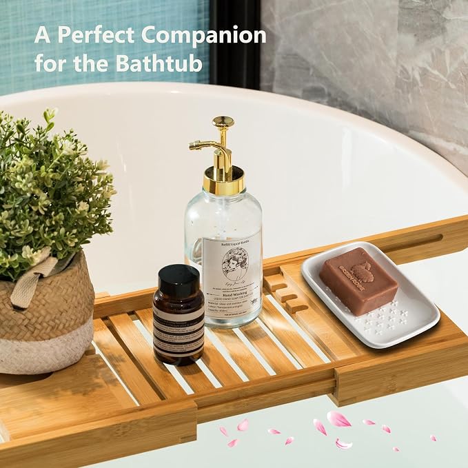 Gomakren Ceramic Soap Dish, 5.5in Shower Soap Holder Bathroom Sink, White | Prevents soggy soap, non-slip bottom, easy to clean, stackable counter decor, multi-use for kitchen sink, sponge & jewelry