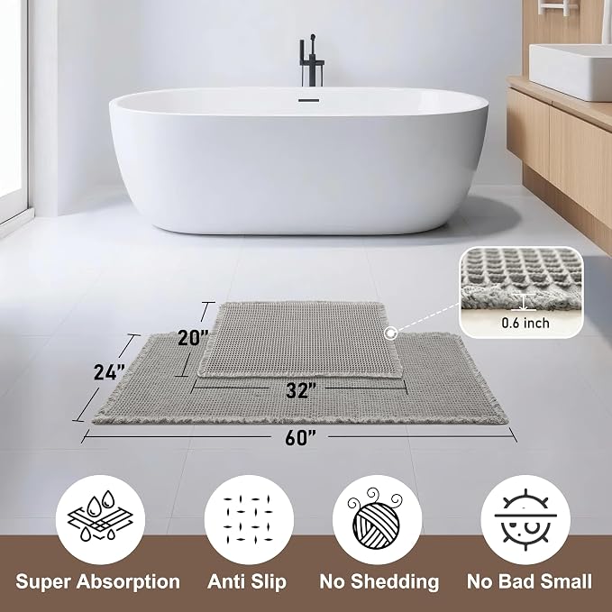 JIUZHEN Set of 2 Waffle Bath Mats Boho Bathroom Runner Rug 20"x32"+24"x60" | Grey, Non Slip, Super Absorbent, Washable, Ultra Soft, Fast Drying Bath Rug and Bathroom Runner for Kitchen Hallway Laundry