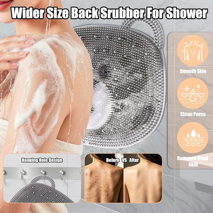 Kalolary Silicone Shower Foot Scrubber Mat，Back Exfoliating Cleaner Foot Scrubber in Shower with Non-Slip Suction Cups Cleaner Brush to Exfoliate and Massage Feet Without Bending Over (Cute Bear)