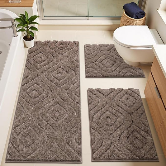 Ileading Bathroom Rug Set 3 Piece, Non Slip Washable Bath Mat Set | Absorbent Plush Microfiber Bathroom Rugs with Bath Runner Mat and U-Shaped Contour Rug for Toilet, Tub, Shower, Brown