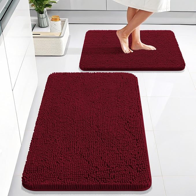 OLANLY Chenille Bathroom Rugs Mats Sets 2 Piece, 30"x20"+24"x16", Burgundy | Ultra Soft Absorbent Bath Rugs Set, Rubber Backing Non-Slip, Quick Dry, Machine Washable Bath Carpet, Home Decor Accessories