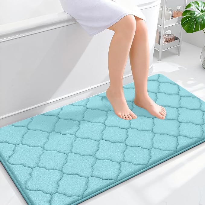 OLANLY Memory Foam Bath Mat Rug 44x24, Ultra Soft Bathroom Rugs, Sky Blue | Thick Absorbent Carpet, Non-Slip Backing, Machine Washable, for Bathroom Floor, Tub, Shower and Home Decor Accessories