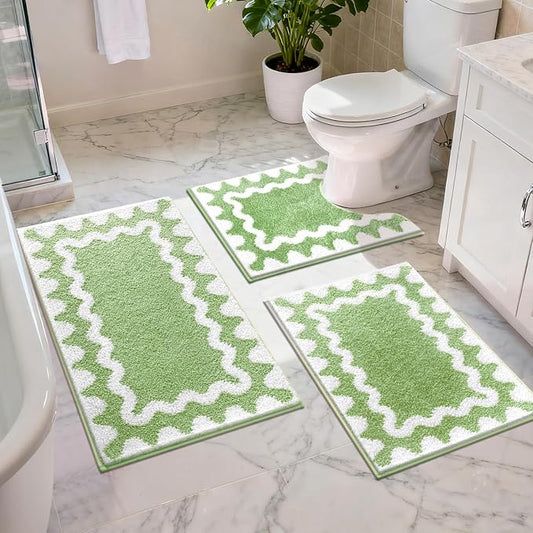 Findosom Bathroom Rugs Sets 3 Piece, Absorbent Soft Non-Slip Bath Rug Set | Washable Microfiber Shaggy Scalloped Bath Mat Set with Door Mat, U-Shaped Toilet Rugs, Shower Rug, Green