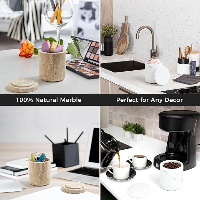 Travertine Qtip Holder Dispenser with Lid for Cotton Swabs,Balls,Pads,Floss Picks Large Capacity Marble Apothecary Jar for Bathroom Essentials Decor, Vanity Makeup Storage Organizer Beige(WH050)